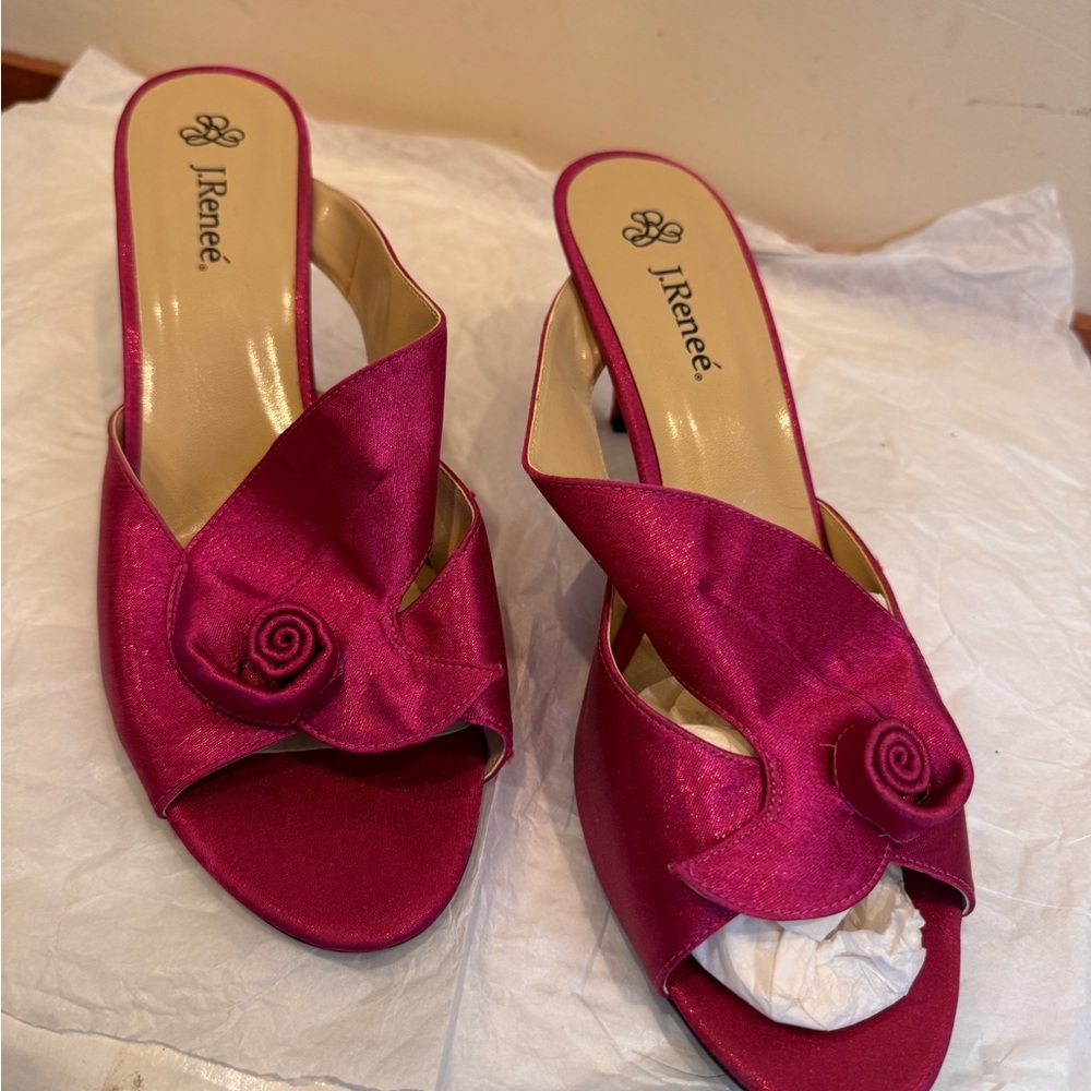J.Renee Joslin Fuchsia Satin Mules with Rosette Detail